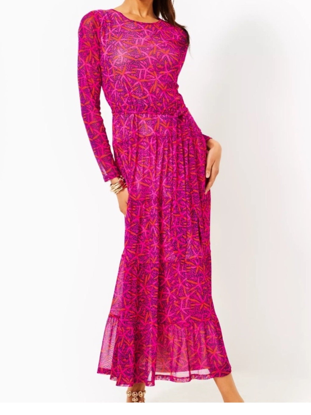 Lilly Pulitzer Izabella Print Long Sleeve Tiered Maxi In Passion Fruit Pink